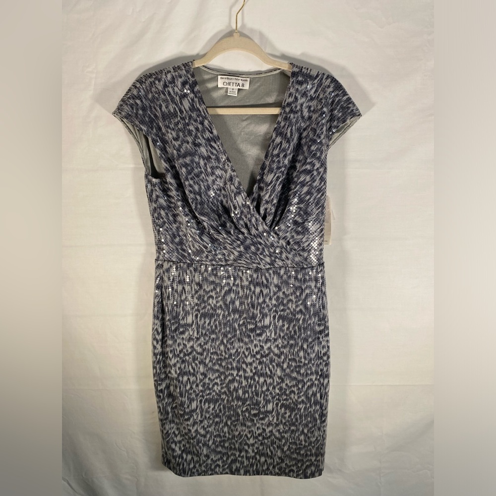 Chetta B Leopard Print Sequin Cap Sleeve Formal Dress